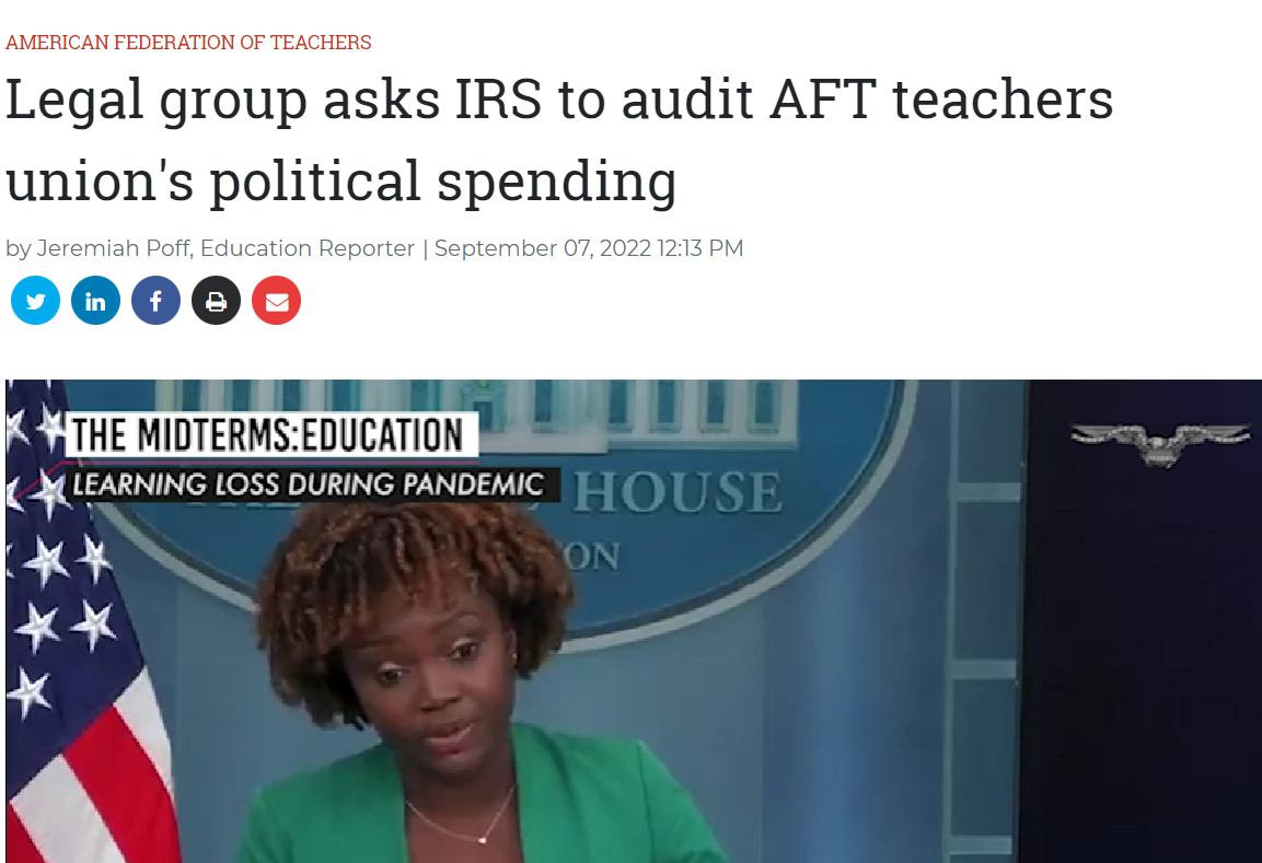 AFFT in the Washington Examiner: Legal group asks IRS to audit AFT teachers union’s political spending