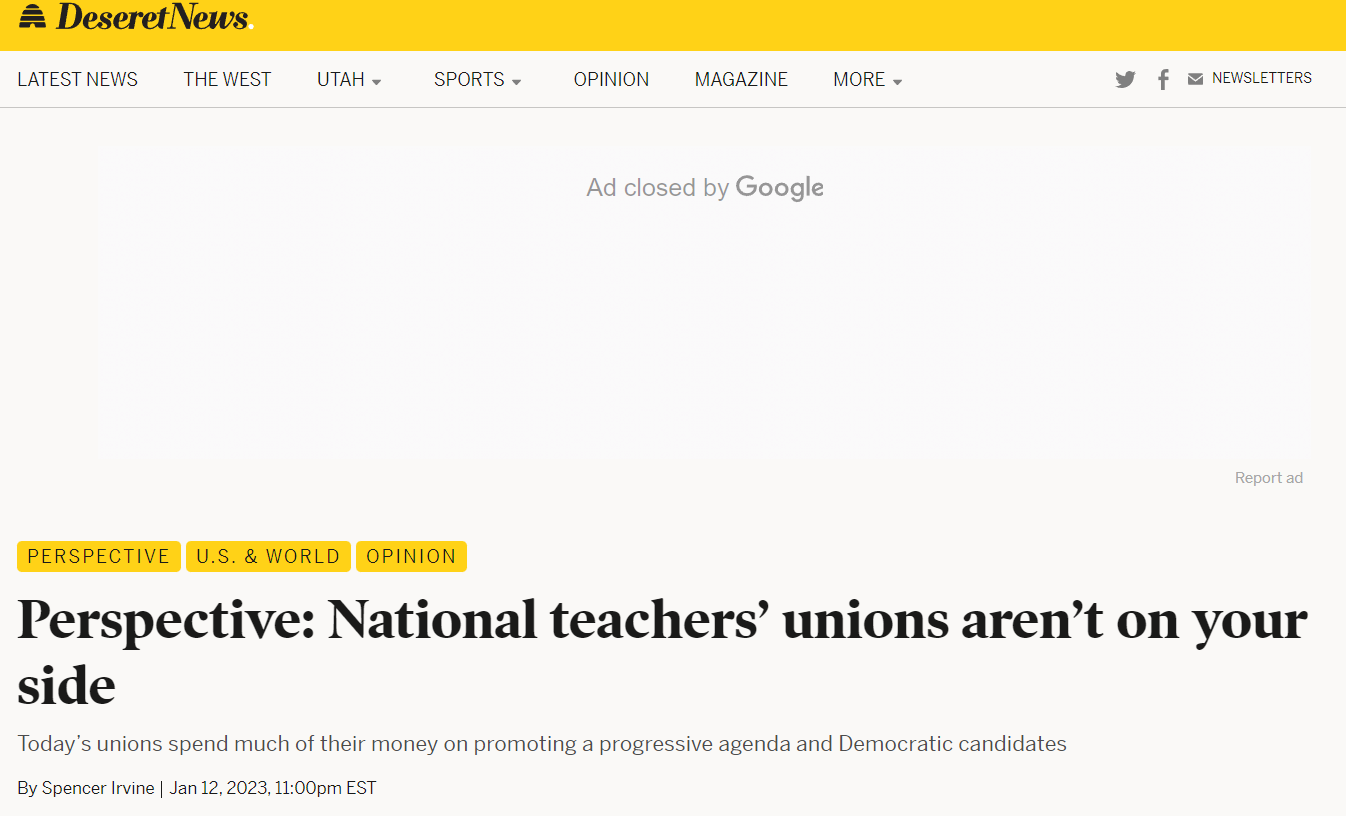 AFFT in Deseret News: Perspective: National teachers’ unions aren’t on your side
