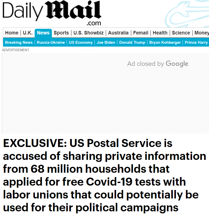 AFFT in The Daily Mail: EXCLUSIVE: US Postal Service is accused of sharing private information from 68 million households that applied for free Covid-19 tests with labor unions that could potentially be used for their political campaigns