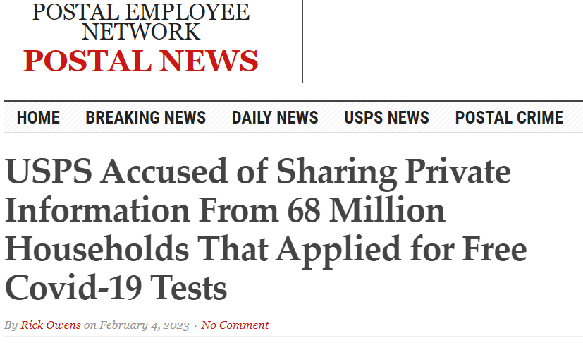 AFFT in the PEN Postal News: USPS Accused of Sharing Private Information From 68 Million Households That Applied for Free Covid-19 Tests