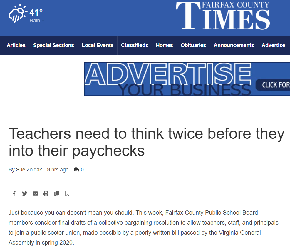 AFFT in The Fairfax Times: Teachers need to think twice before they let unions into their paychecks