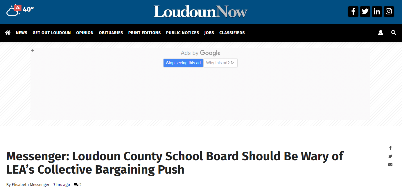 AFFT in LoudounNow: Op-Ed: Messenger: Loudoun County School Board Should Be Wary of LEA’s Collective Bargaining Push