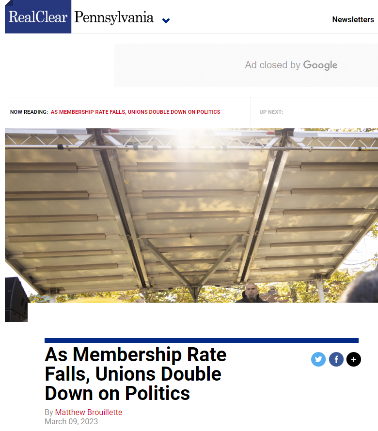 AFFT in RealClearPennsylvania: As Membership Rate Falls, Unions Double Down on Politics