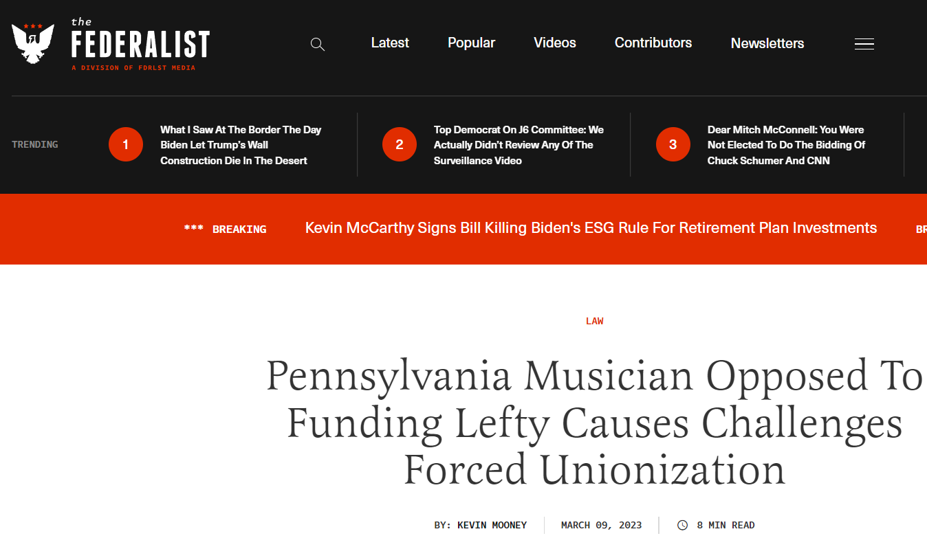 AFFT in The Federalist: Pennsylvania Musician Opposed To Funding Lefty Causes Challenges Forced Unionization