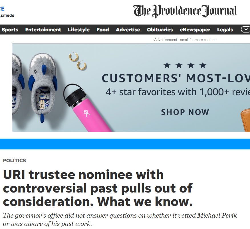 AFFT in The Providence Journal: URI trustee nominee with controversial past pulls out of consideration. What we know.